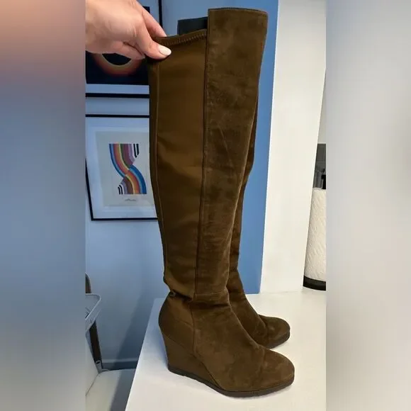 Stuart Weitzman Demiswoon Olive Green Suede Over the Knee Wedge Boots - Picture 3 of 8